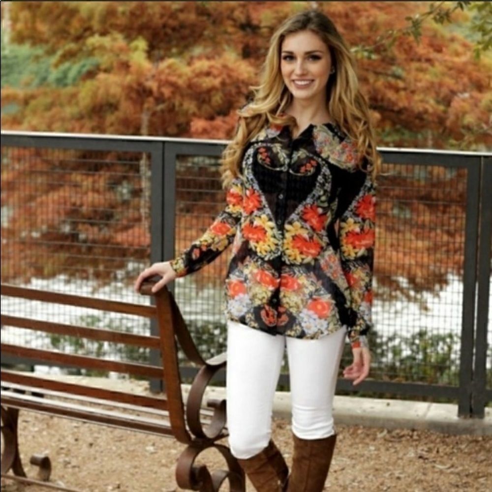 Cabi Blue Sheer Floral Button Down Blouse Top - Picture 5 of 11